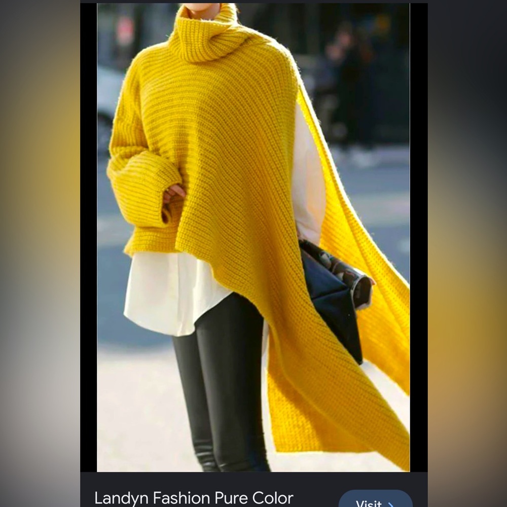 Fashion Pure Color High Neck Irregular Sweater mustard yellow.